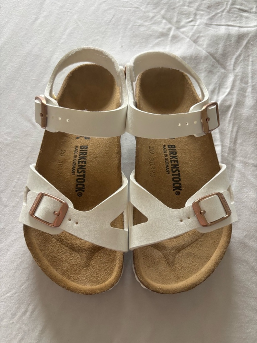 Birkenstock White Kids Sandals with Rose Gold Buckles